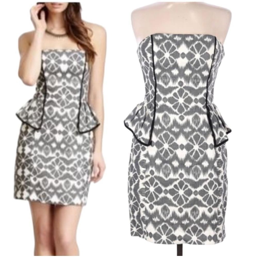 ABS strapless sz 14 linen gray black batik cream dress‎ Wedding Event Party